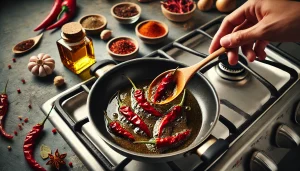 Step 3: Toss in 3 dried red chillies