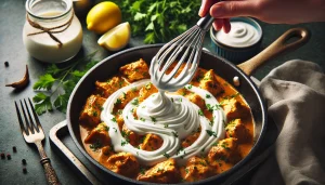 Step 10: Lower the heat and stir in the whisked yoghurt