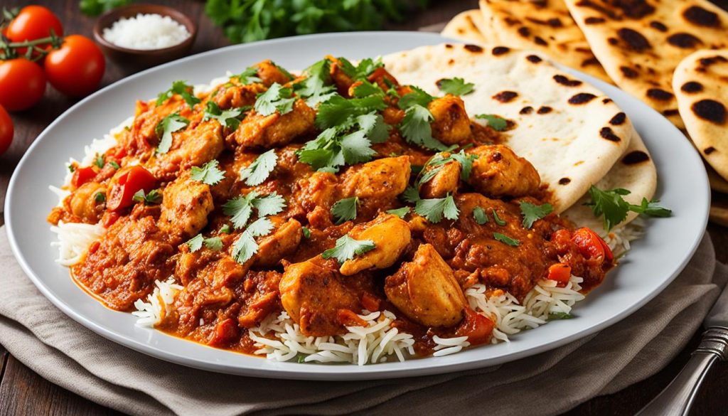Chicken Bhuna with Rice and Naan Bread Chicken Bhuna with Rice and Naan Bread